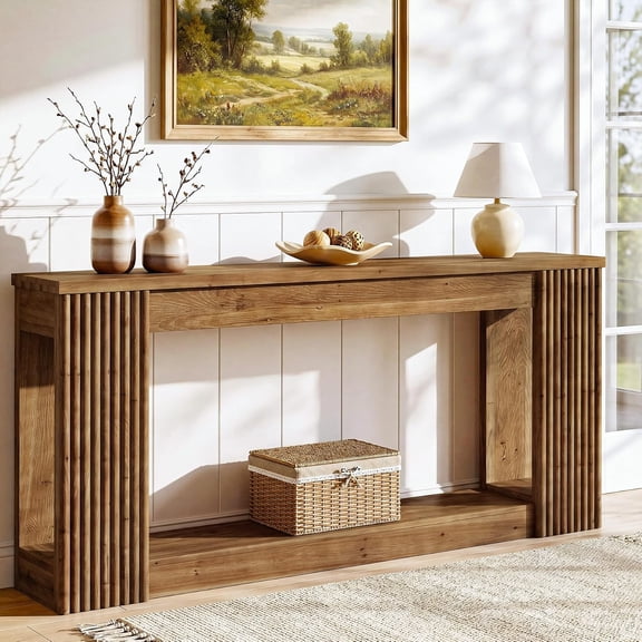 TRIBEWOOD 63" Solid Wood Console Table, Farmhouse Entryway Table with 2-Tier Storage for Living Room, Hallway, Foyer, Brown