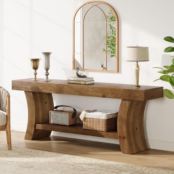 Tribesigns 63" Solid Wood Console Table, Farmhouse Low TV Console for Living Room, Entryway, Hallway, Dark Brown