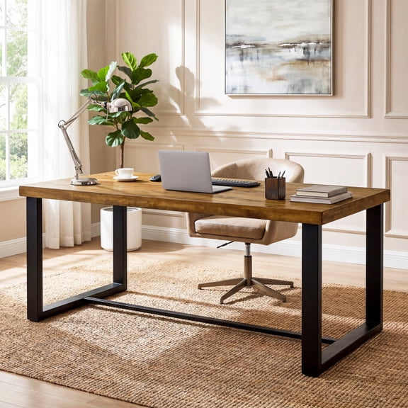 TRIBEWOOD 70.86-Inch Solid Wood Executive Desk, Farmhouse Industrial Office Computer Desk with Sturdy Metal Legs, Large Study Writing Table for Home Office, Brown & Black