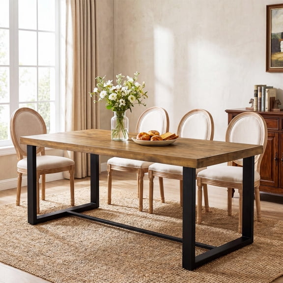 TRIBEWOOD 70.9" Solid Wood Dining Table for 6-8, Farmhouse Kitchen Table With Heavy-duty Metal Legs