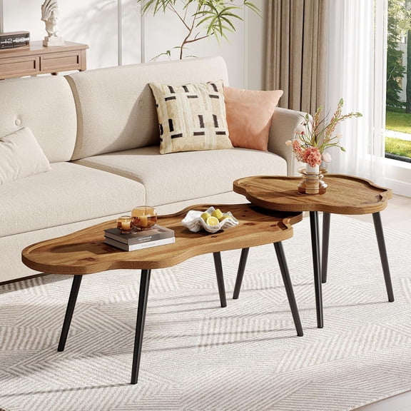 TRIBEWOOD Solid Wood Coffee Tables with Nesting Table and Metal Legs