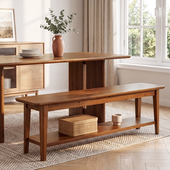 TRIBEWOOD Solid Wood Dining Bench, 55.12" Rustic Ktichen Bench with Storage Shelf for Home Kitchen, Dining Room