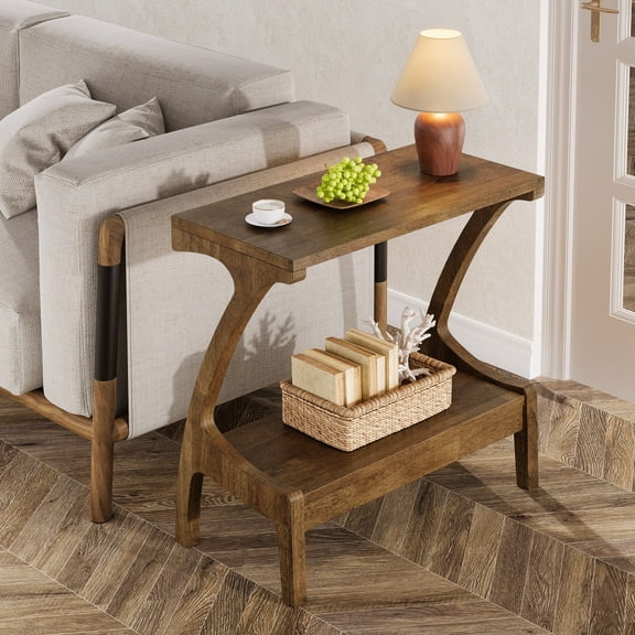 TRIBEWOOD Solid Wood End Table with 2-Tier Storage, Narrow Side Table for Sofa, Brown
