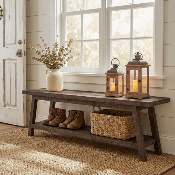 TRIBEWOOD Solid Wood Entryway Bench with Storage Shelf, 62.99" Long Rustic Shoe Bench, 400 lbs Capacity