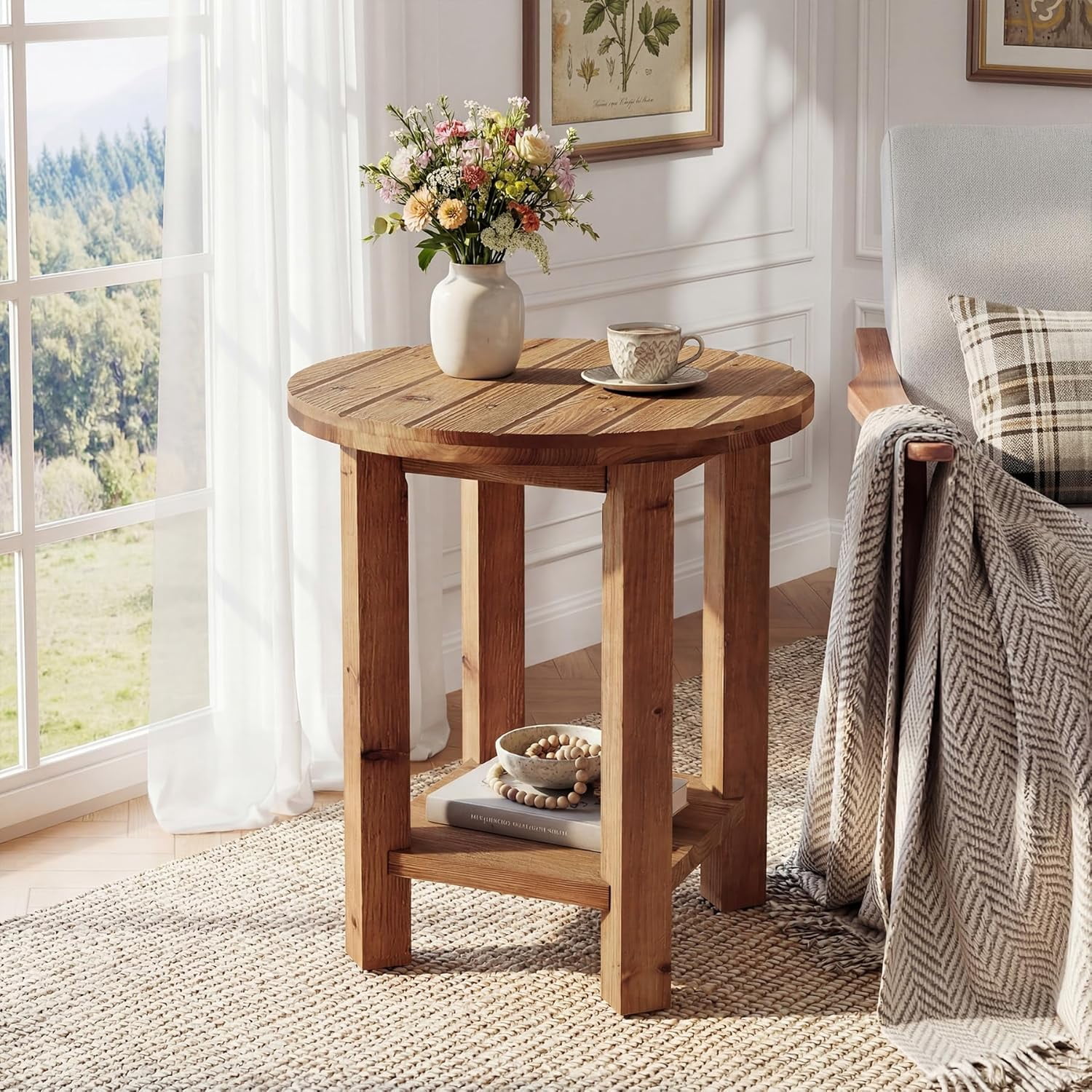 TRIBEWOOD Solid Wood Round Side Table, 2-Tier End Table with Open Shelf ...