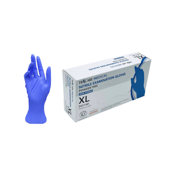 TRICARE Medical Nitrile Exam Gloves, Low Derma, Chemo Drug Tested, Blue 4.7 Mil, Box of 100, x Large