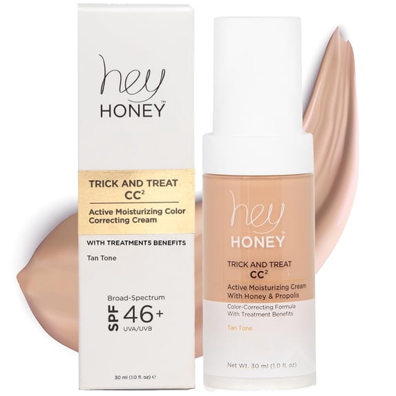 Hey Honey Trick & Treat CC² Cream | Active Moisturizing Color Correcting Cream SPF 46+, Tan, 1 oz | 30 ml