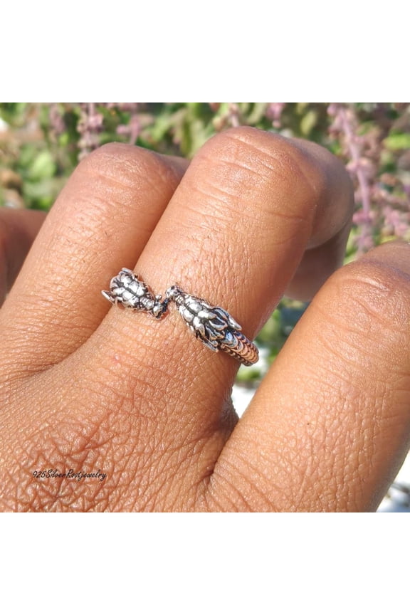 - 925 Silver Dragon Ring - Adjustable Open Band | Handmade Gothic Jewelry | Unisex Statement Oxidized Silver Band for Mythical Creature Lovers