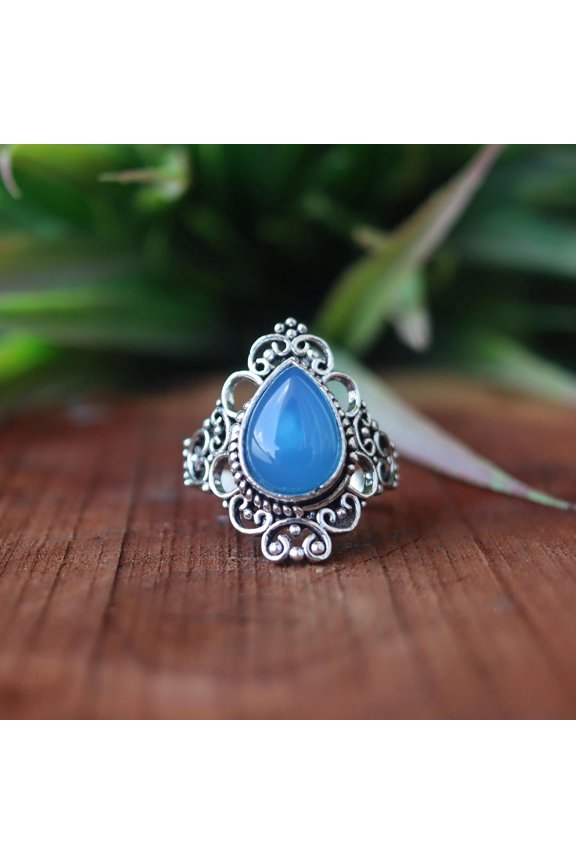 - 925 Sterling Silver Blue Chalcedony Ring for Women, Handcrafted Fine Jewelry Gift