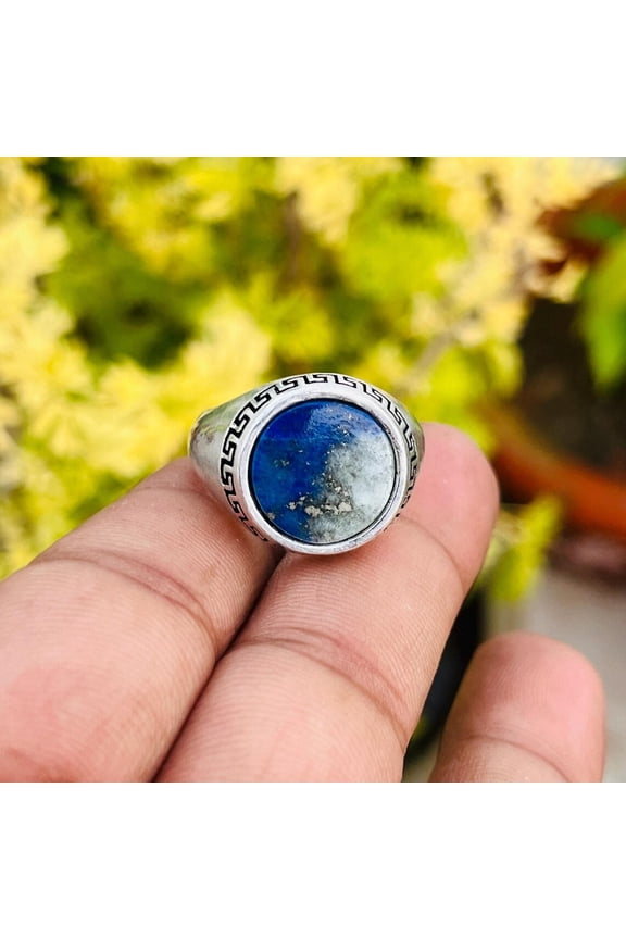 - 925 Sterling Silver Lapis Lazuli Ring Sterling Silver Greek Key Men's Signet Ring with Blue Gemstone for