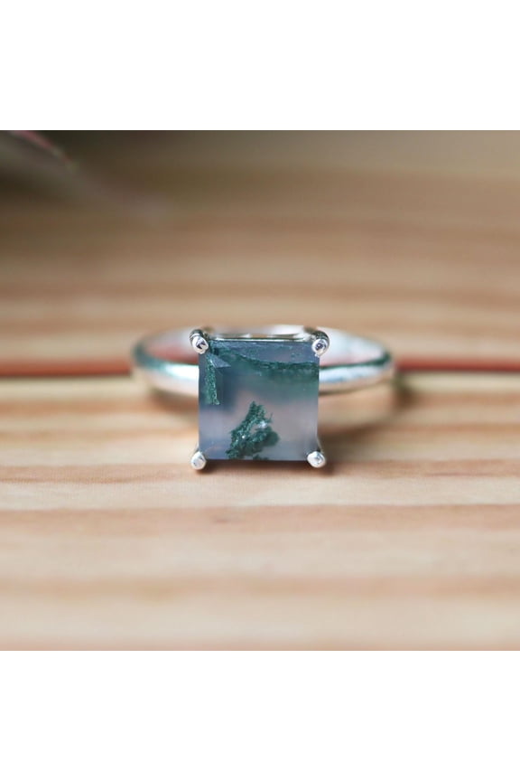 - 925 Sterling Silver Moss Agate Ring Handmade Silver Bohemian Style Statement with Square Cut Green Gemstone,