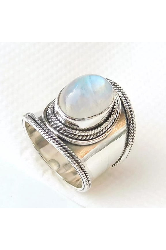 - 925 Sterling Silver Rainbow Moonstone Ring Wide Band Sterling Silver Ring with Oval Cabochon Gemstone Boho