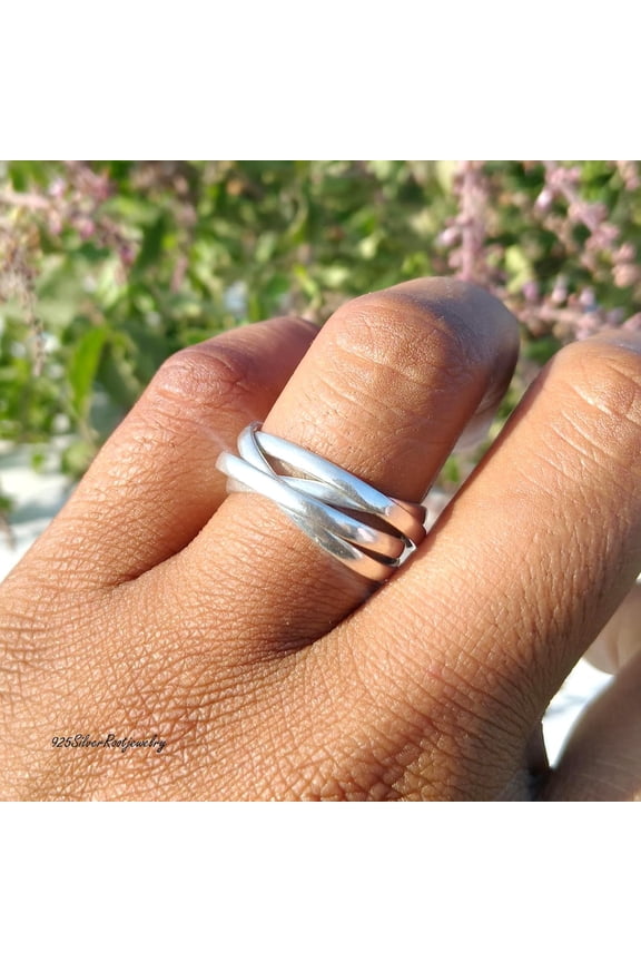 - 925 Sterling Silver Ring - Russian Wedding Band with Interlocking Rolling Mechanism, Minimalist Stackable Comfort Fit Jewelry Gift