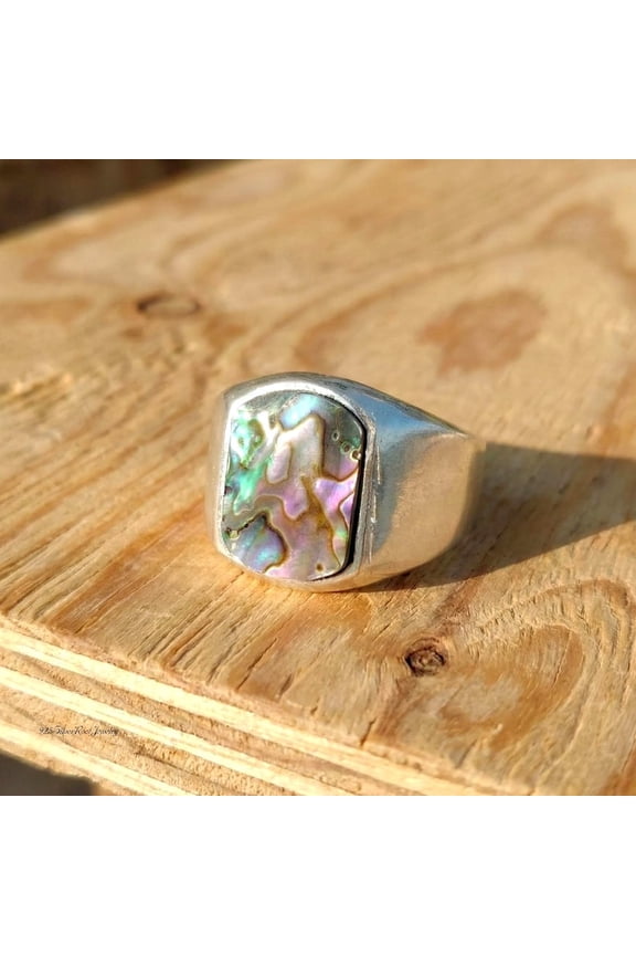 - Abalone Shell Ring - Handmade Men's Signet With Chunky 925 Sterling Silver Band, Iridescent Boho Statement Jewelry, Unique Coastal Gift