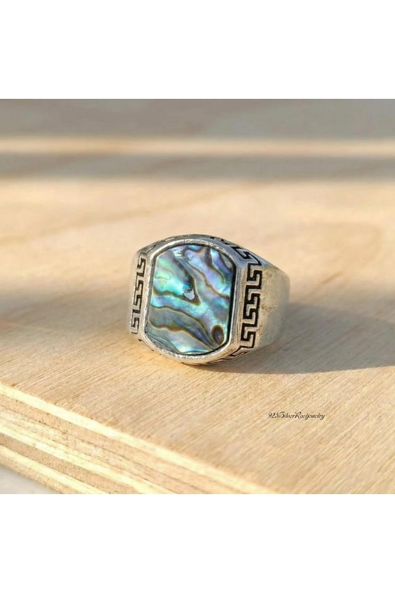 - Abalone Shell Ring - Vintage Silver Signet With Natural Inlay, Greek Key Jewelry, Unique Boho Statement, Handcrafted Zinc Alloy Design