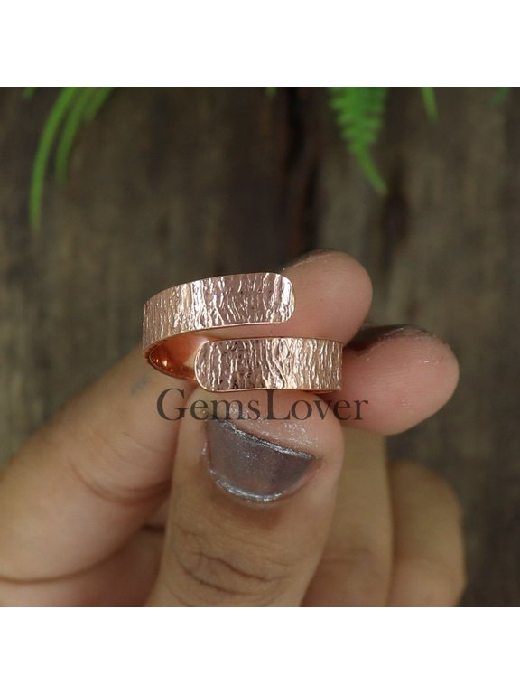- Adjustable Wrap Ring, handcrafted copper hammered overlap band for stacking and everyday layering style