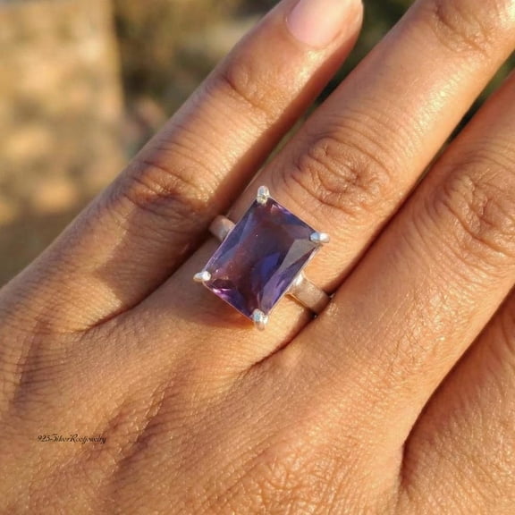 TRIDHA SILVER- Amethyst Silver Ring - 925 Sterling Silver Emerald Cut Purple Gemstone Birthstone Jewelry Gift For February And Valentine's Day Lovers