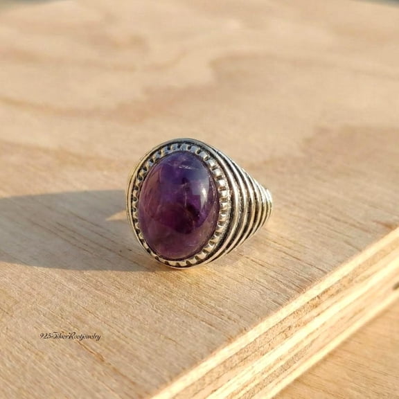 TRIDHA SILVER- Amethyst Statement Ring - Handmade 925 Sterling Silver Textured Band With Unique Gear Edge Bezel, February Birthstone Jewelry Gift