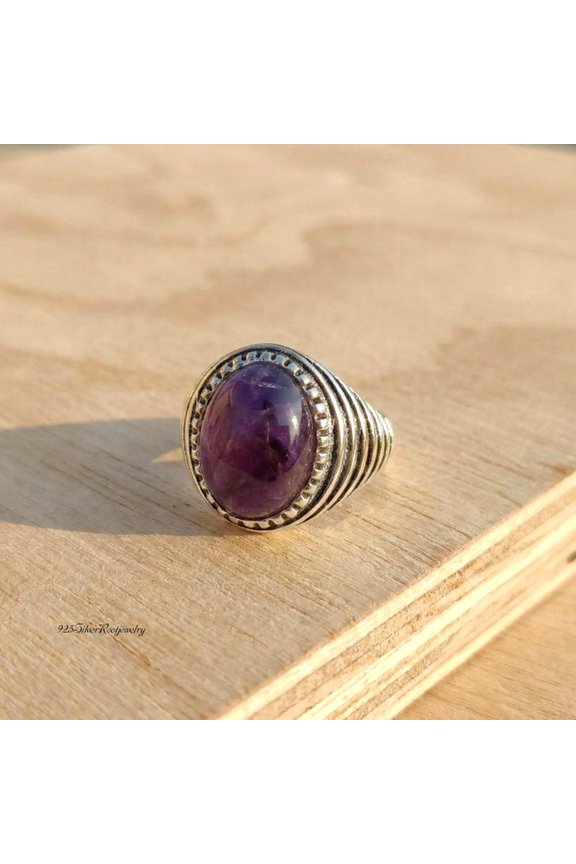 - Amethyst Statement Ring - Handmade 925 Sterling Silver Textured Band With Unique Gear Edge Bezel, February Birthstone Jewelry Gift