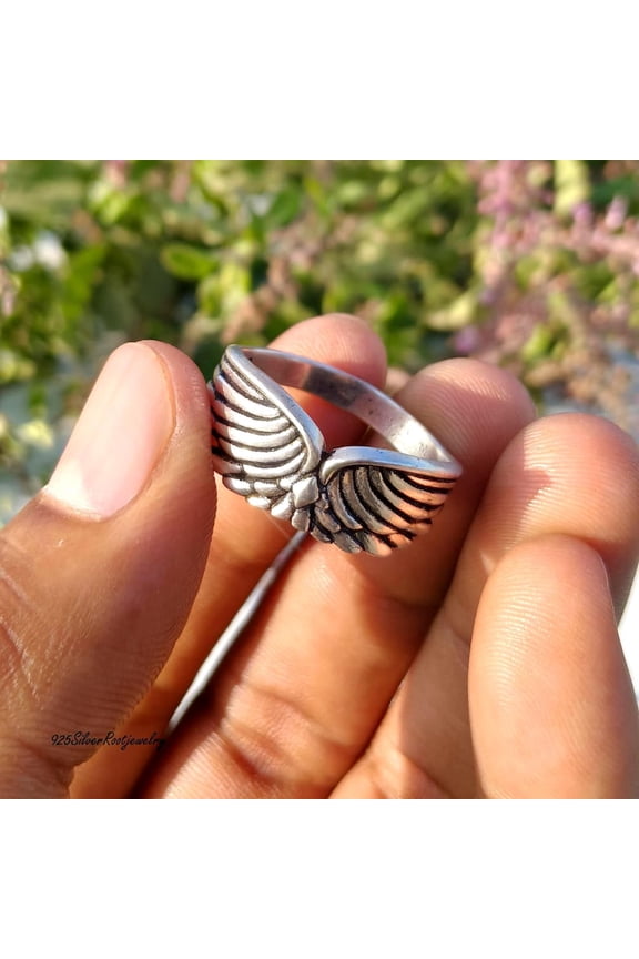 - Angel Wing Ring | Handcrafted Sterling Silver Ring Featuring Double Wing Design With Oxidized Silver Finish And Feather Motif