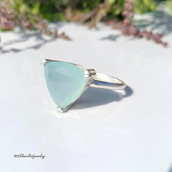 TRIDHA SILVER- Aqua Chalcedony Ring - 925 Sterling Silver Minimalist Gemstone Triangle Cut Band, Handmade Modern Statement Jewelry Gift For Her