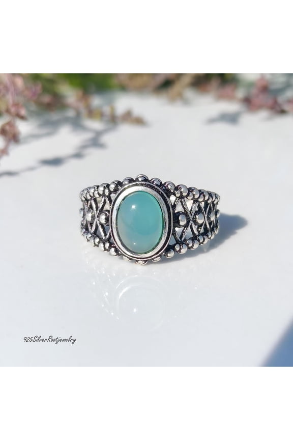 - Aqua Chalcedony Ring - Handcrafted Sterling Silver Band With Natural Chalcedony Stone, Tribal Inspired Oxidized Finish Jewelry Gift