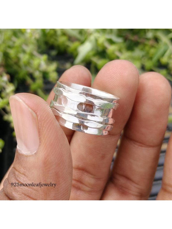 Artisan Silver Spinner Ring With Wavy Wide Band, Textured Fidget Style, Elegant Everyday Statement Jewelry For Women