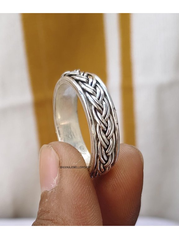 Artisan Silver Spinner Ring With Wire Braided Band Design, Handmade Fidget Style Jewelry For Adults Everyday Wear