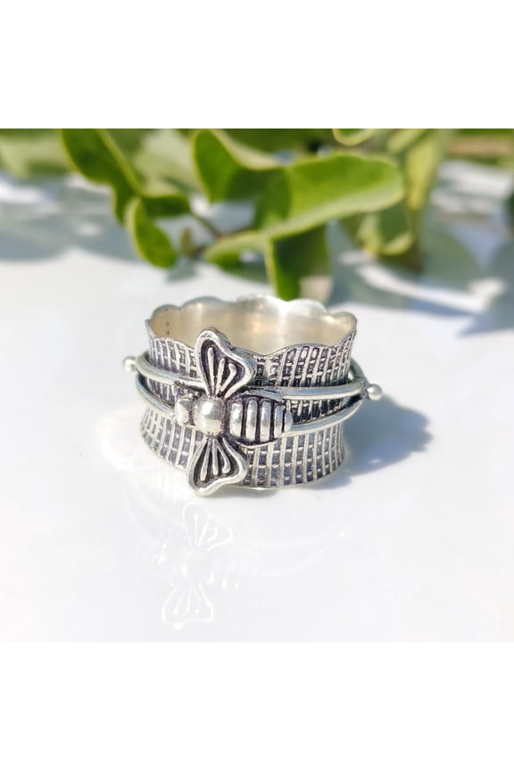 - Bee Spinner Ring Sterling Silver - Textured Honeybee Wide Band With Oxidized Finish For Anxiety Relief And Meditation Worry Band Gift