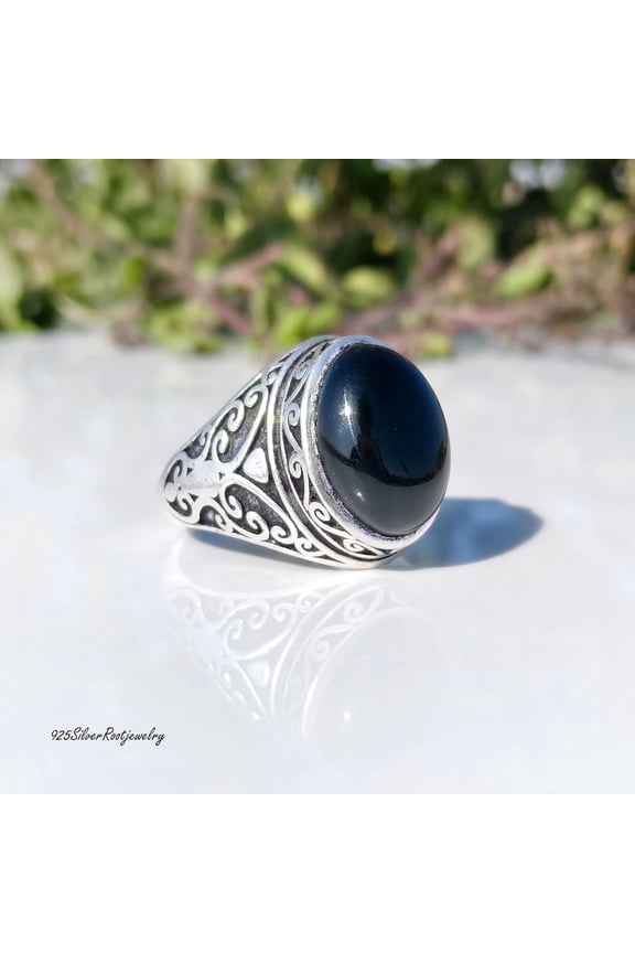 - Black Onyx Statement Ring - Sterling Silver Gothic Signet with Oval Gemstone, Vintage Filigree Band and Handcrafted Scrollwork Design
