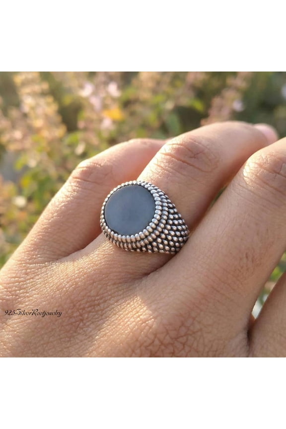 - Blue Cat's Eye Ring - 925 Sterling Silver Beaded Band, Unique Textured Men's Statement Jewelry with Vintage Style and Artisan Craftsmanship
