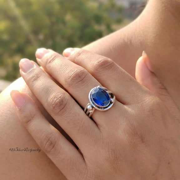 TRIDHA SILVER- Blue Sapphire Ring Sterling Silver Oval Cut Solitaire Statement Birthstone Jewelry September Gift Classic Boho Style Handcrafted Elegance