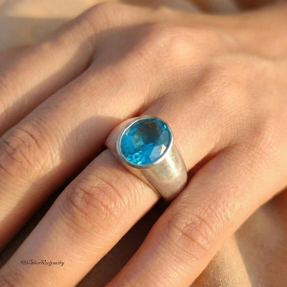 TRIDHA SILVER- Blue Topaz Signet Ring - Handmade Sterling Silver Chunky Band with Faceted Teal Gemstone, Unique December Birthstone Gift for Men & Women