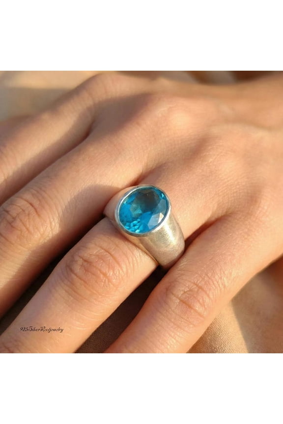 - Blue Topaz Signet Ring - Handmade Sterling Silver Chunky Band with Faceted Teal Gemstone, Unique December Birthstone Gift for Men & Women