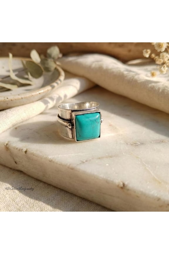 - Blue Turquoise Ring - Sterling Silver Bold Geometric Statement Band With Natural Stone, Southwestern Boho Jewelry Gift, 925 Silver