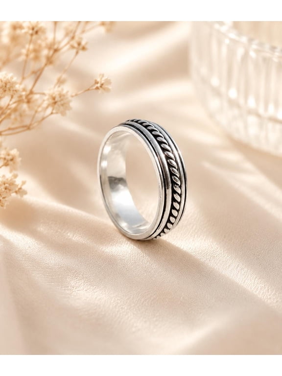 Boho Artisan Silver Spinner Ring With Braided Band, Minimalist Meditation Style Jewelry For Women And Men Daily Wear