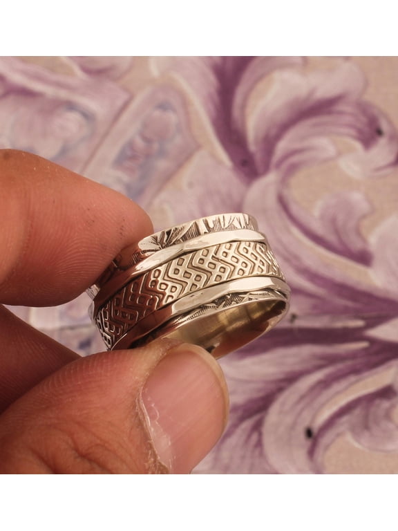 Boho Artisan Silver Spinner Ring With Wide Textured Band, Handmade Fidget Style Jewelry For Women Everyday Wear