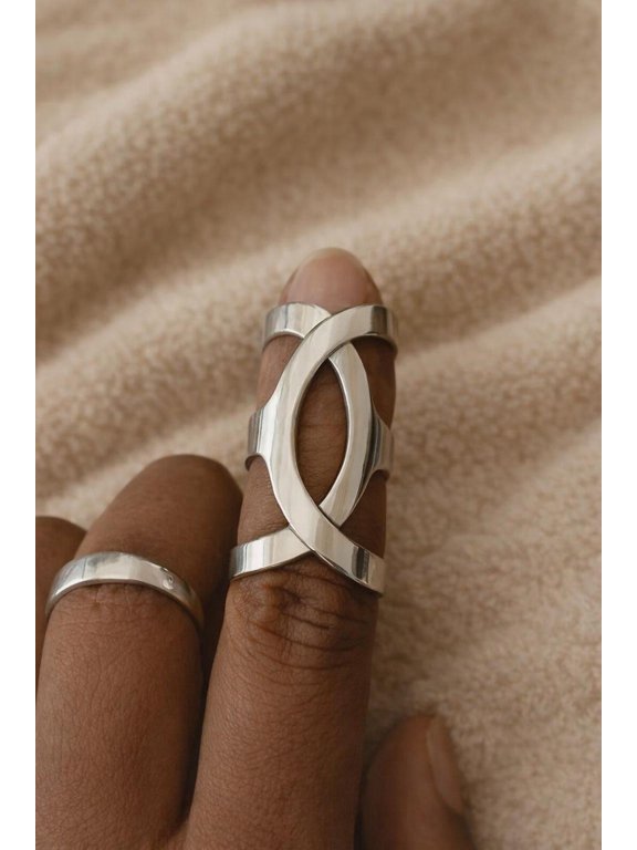 - Boho Finger Armor Ring Silver Adjustable Openwork Dual-Band Ring