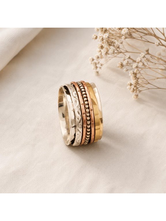 Boho Silver Spinner Ring With Textured Rolling Bands, Statement Jewelry For Women Everyday Casual Wear