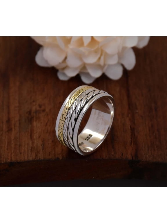 Boho Style Silver Spinner Ring with Smooth Tri-Color Rotating Band, Modern Meditation Jewelry for Women Daily Wear