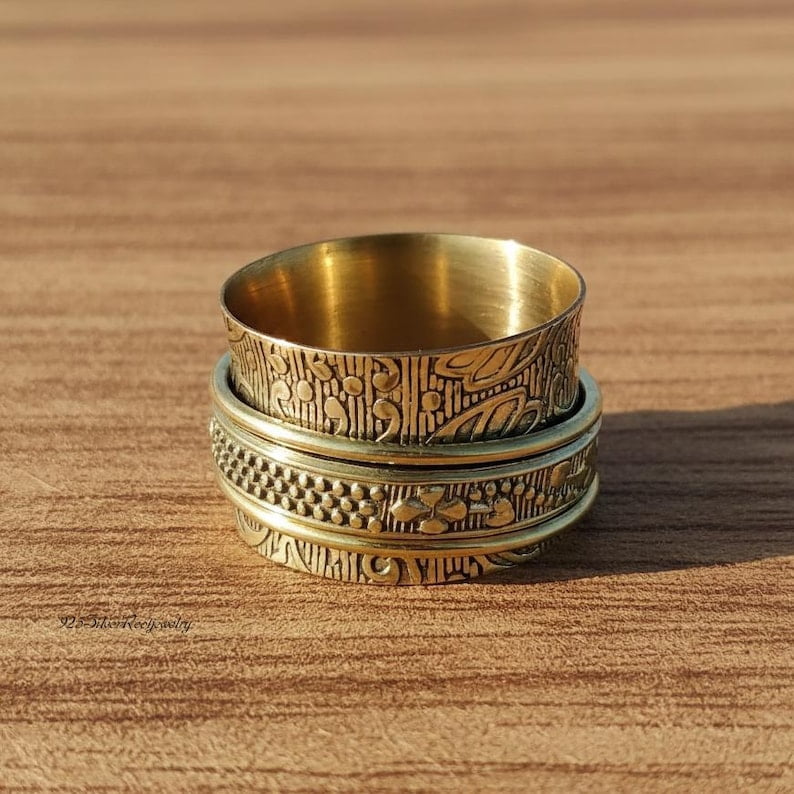 TRIDHA SILVER- Brass Spinner Ring - Wide Band Fidget Spinner Ring with Engraved Brass Band for Stress Relief Jewelry and Anxiety Meditation Focus Tool