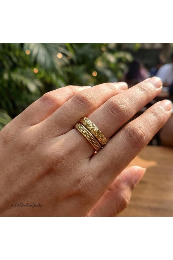 - Brass Stacking Rings - Handmade Boho Jewelry Set Featuring Rustic Band Rings with Geometric Patterns and Textured Oxidized Brass Bands