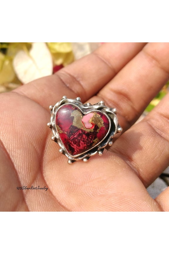 - Copper Turquoise Ring Featuring Handmade Sterling Silver Gothic Thorn Design With Red Copper Matrix Stone And Boho Heart Jewelry