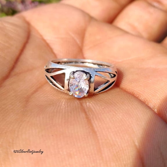 TRIDHA SILVER- Crystal Quartz Ring Featuring Oval Clear Quartz Gemstone With Geometric Sterling Silver Band Boho Statement Jewelry Unique Gift