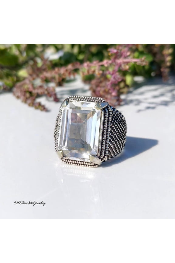- Crystal Quartz Ring - Handmade Sterling Silver Emerald Cut Signet With Beaded Texture Band And Unique Industrial Style Jewelry Gift