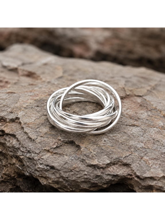 Elegant Silver Ring Interlocked Rolling Band with Russian Wedding Spinner Design, Polished Statement Jewelry for Women Daily Wear