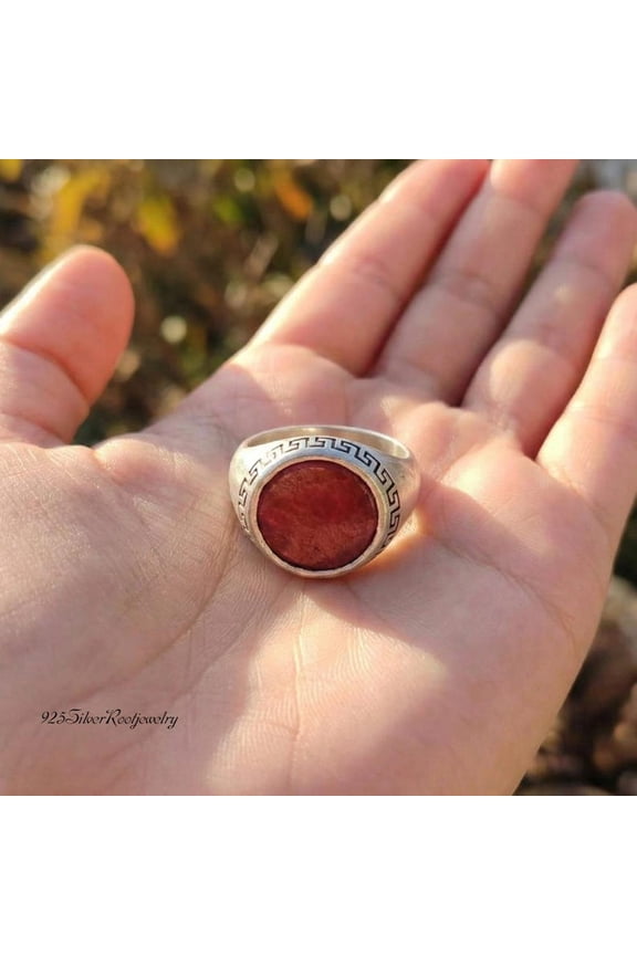 - Greek Key Signet Ring Featuring Raw Ruby Stone in 925 Sterling Silver - Bold Mens Statement Jewelry with Engraved Ancient Greek Design
