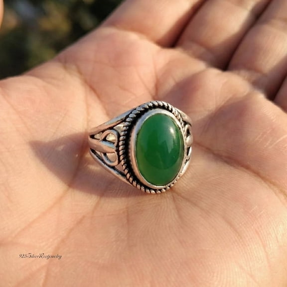 TRIDHA SILVER- Green Onyx Statement Ring - Handmade Sterling Silver Boho Gemstone Jewelry With Oval Cabochon Stone, Filigree Band, Artisan Crafted Gift