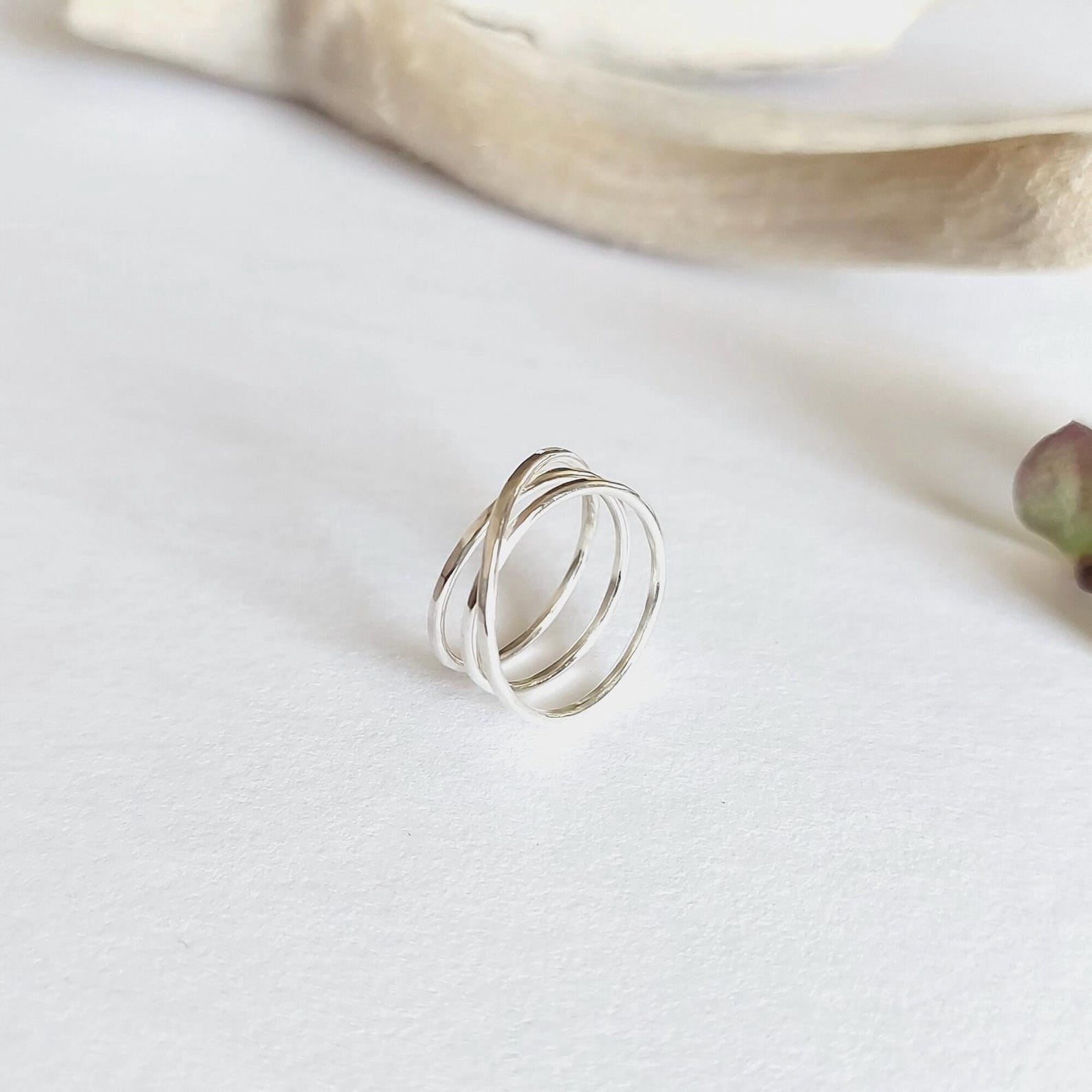 Minimalist Stackable Rings TRIDHA SILVER- Hammered crossover ring in silver, triple band hand ...