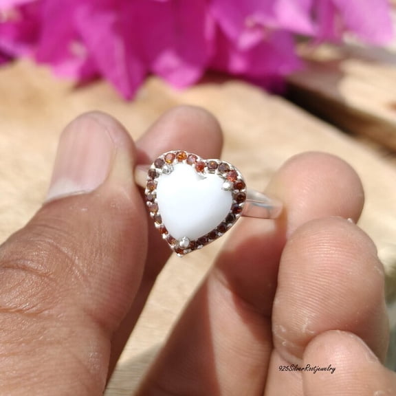 TRIDHA SILVER- Heart Agate Ring - Handmade Sterling Silver With Garnet Halo, White Agate Jewelry, Romantic Anniversary Gift For Women, 925 Silver Band